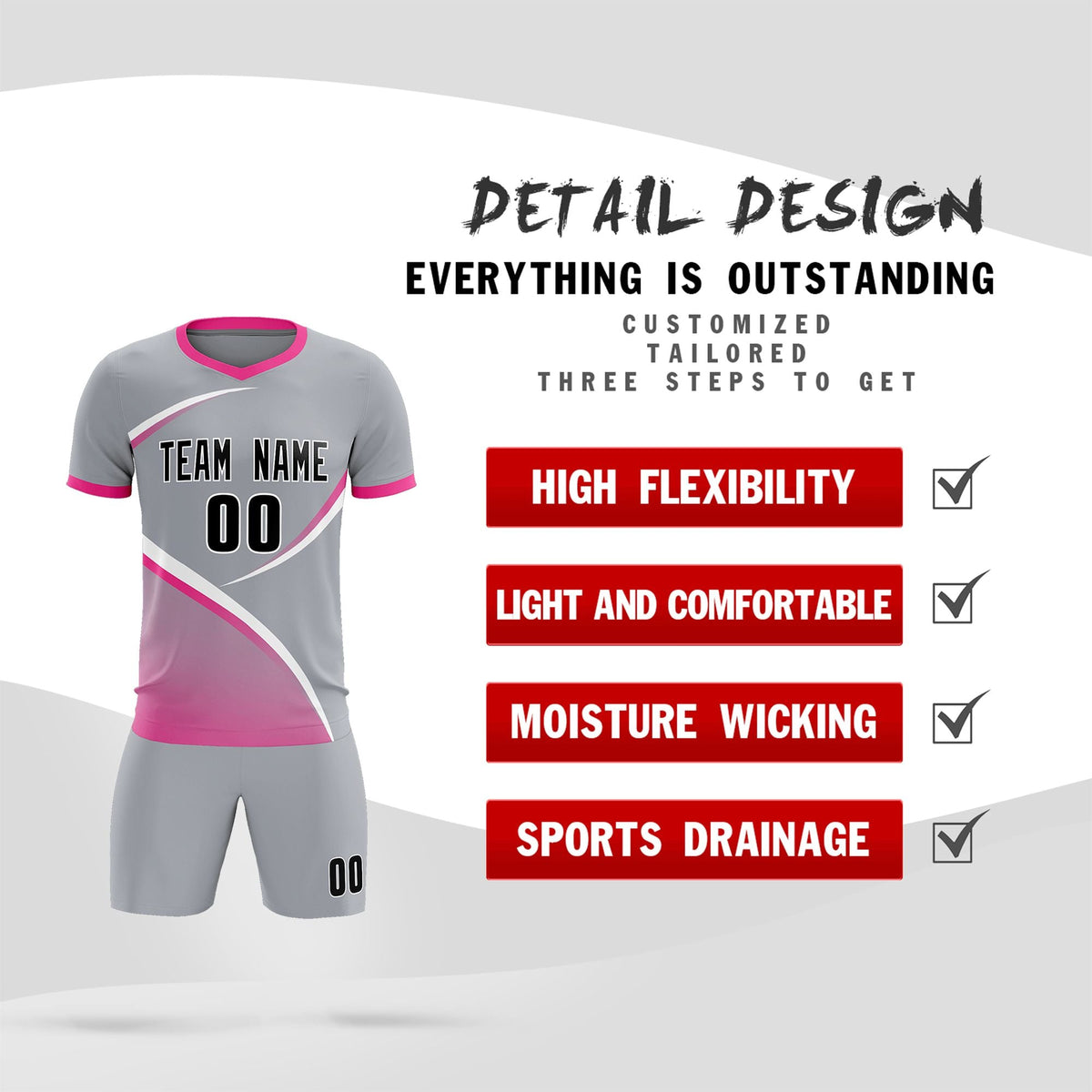Custom Gray Pink Color Block Training Uniform For Men Soccer Sets Jersey