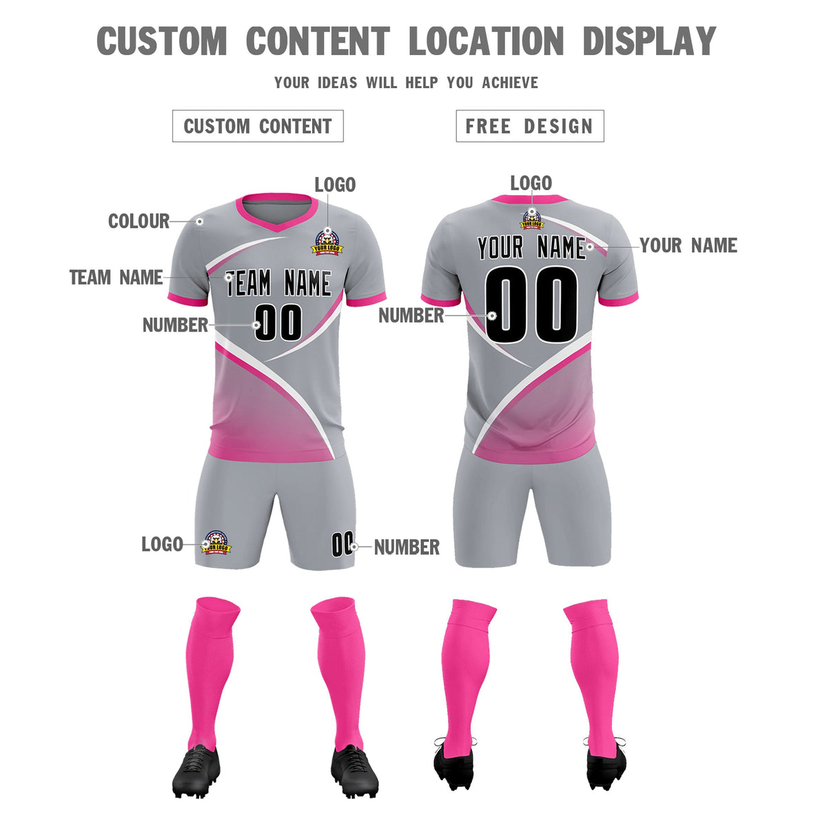Custom Gray Pink Color Block Training Uniform For Men Soccer Sets Jersey