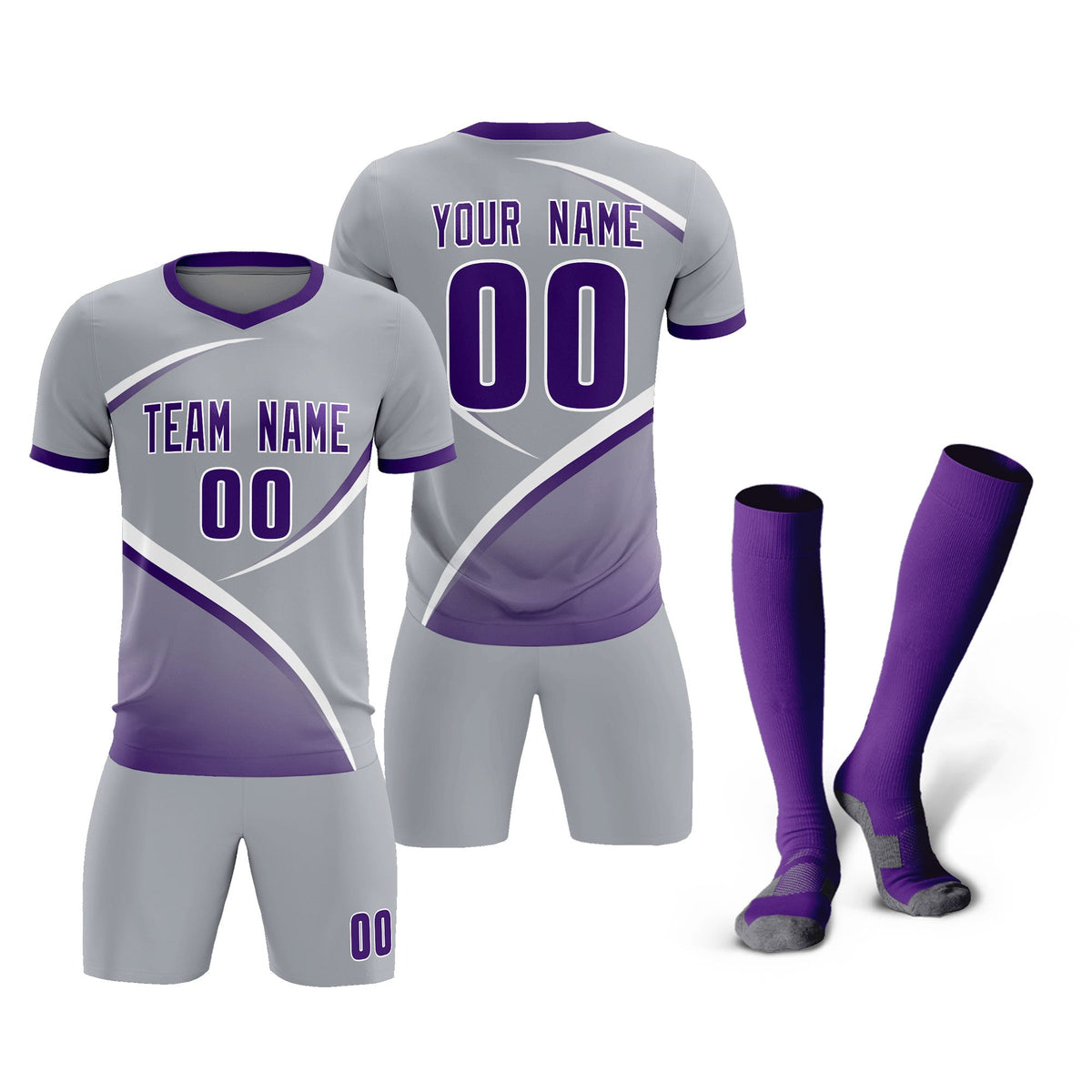 Custom Gray Purple Color Block Training Uniform For Men Soccer Sets Jersey