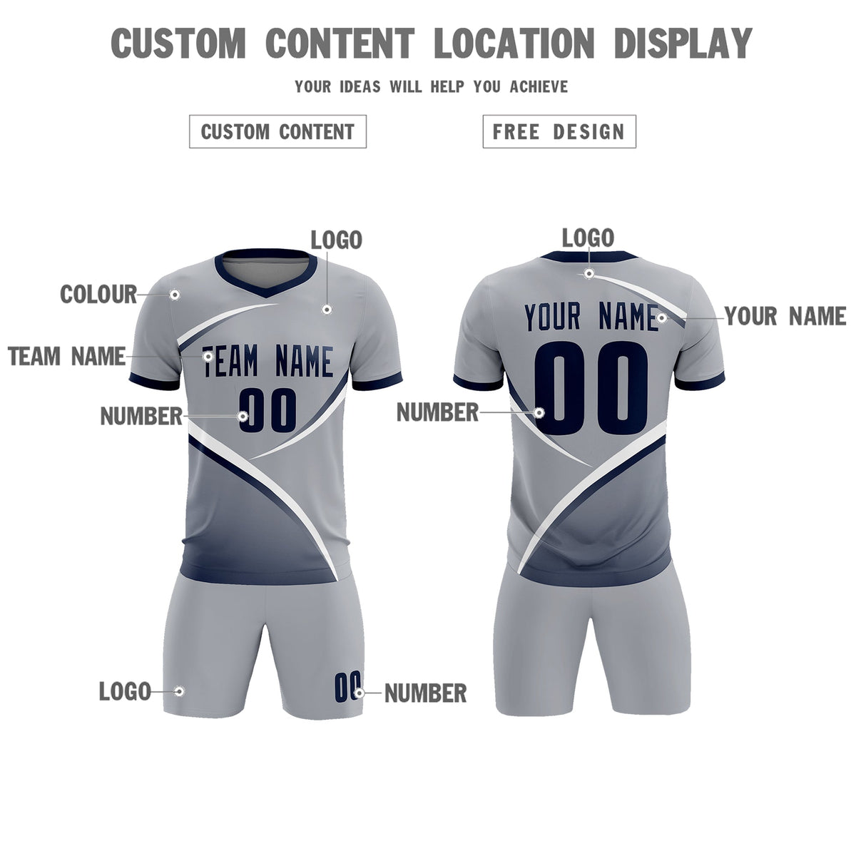 Custom Gray Navy Color Block Training Uniform For Men Soccer Sets Jersey