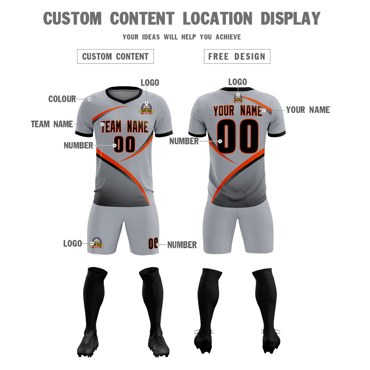 Custom Gray Black Color Block Training Uniform For Men Soccer Sets Jersey