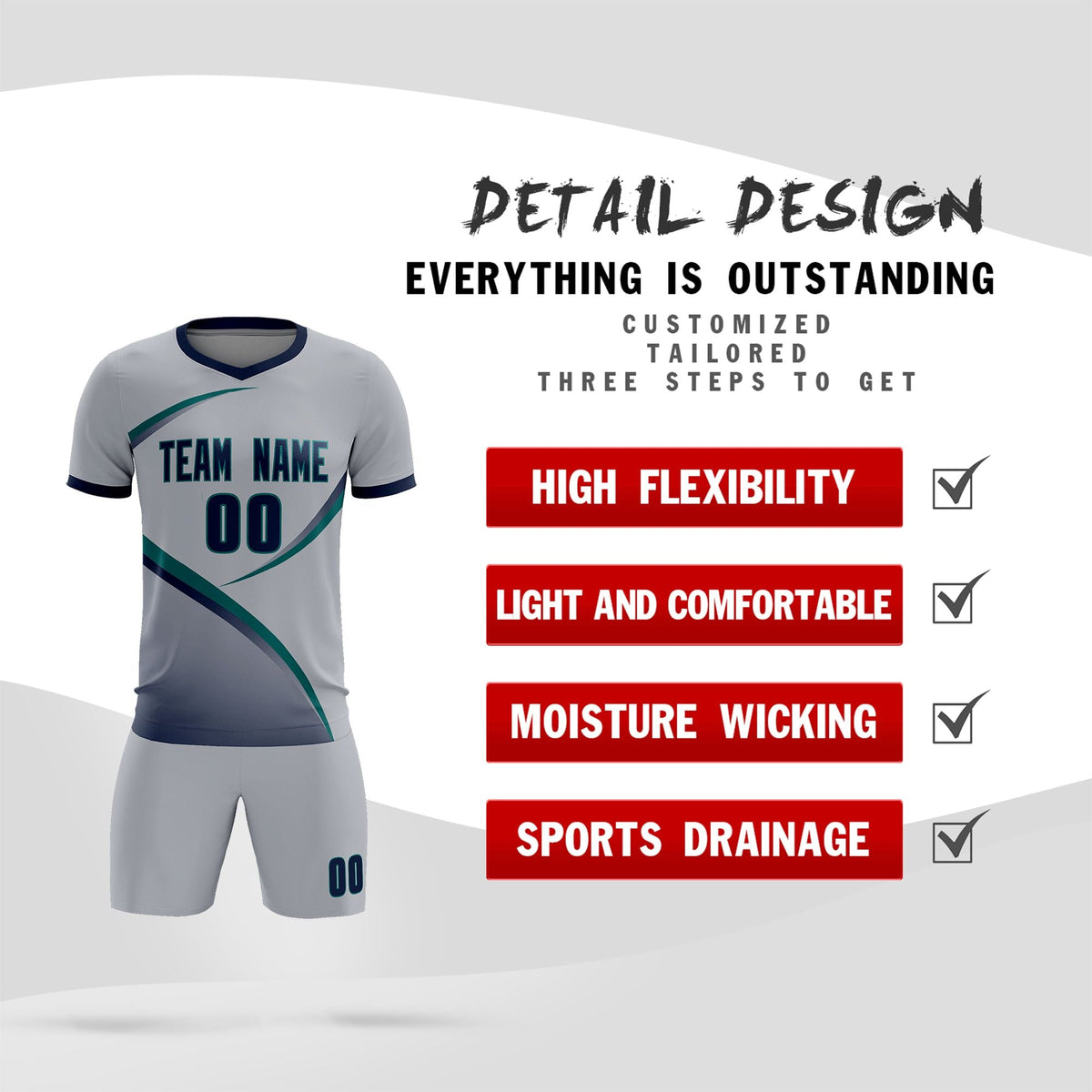 Custom Gray Navy Color Block Training Uniform For Men Soccer Sets Jersey