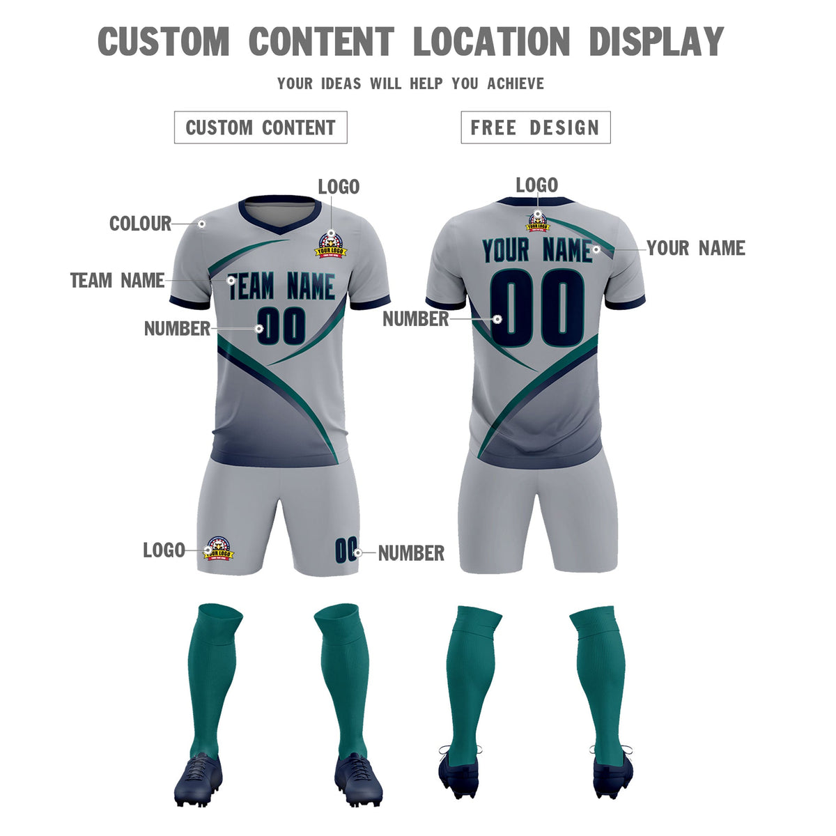 Custom Gray Navy Color Block Training Uniform For Men Soccer Sets Jersey