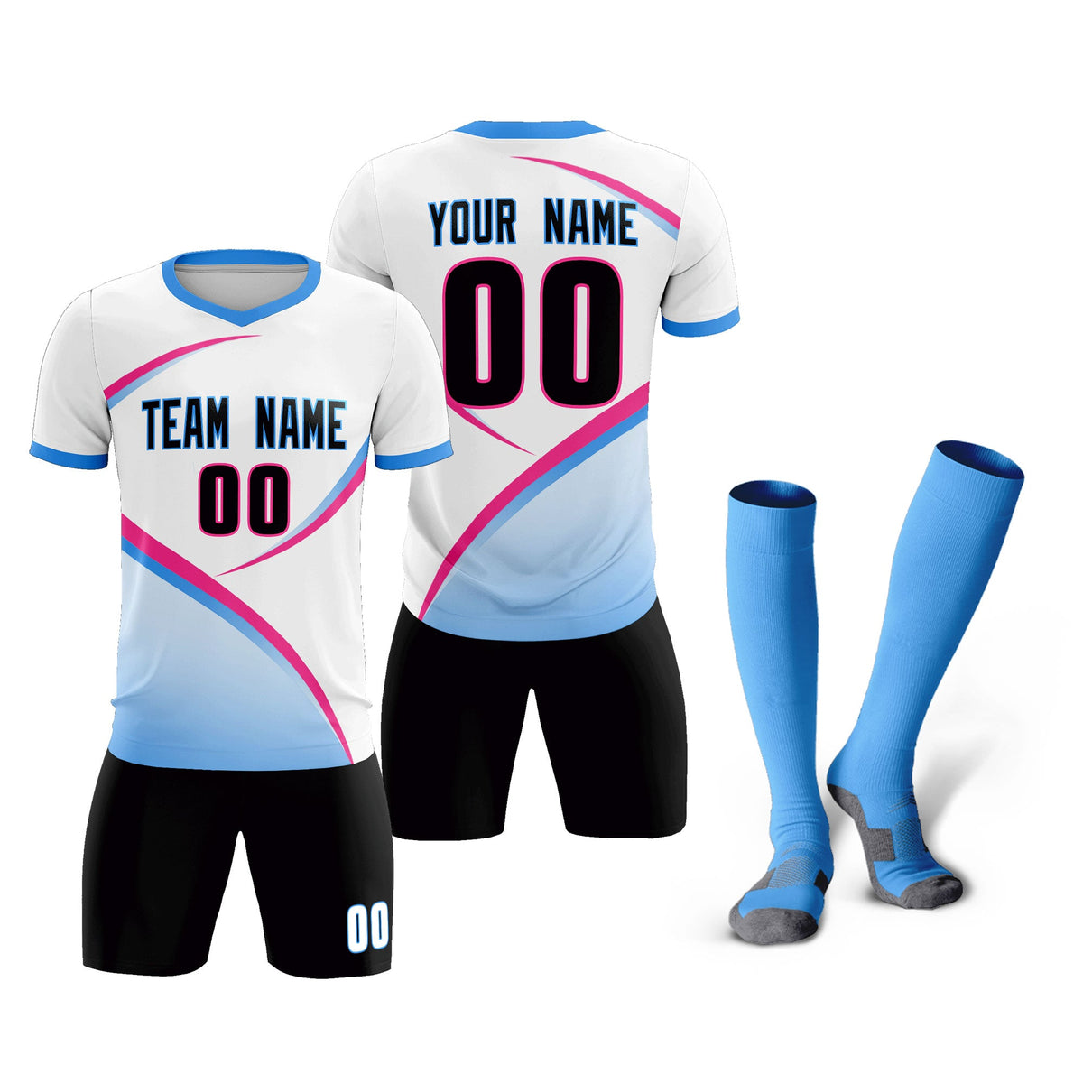 Custom White Powder Blue Color Block Training Uniform For Men Soccer Sets Jersey