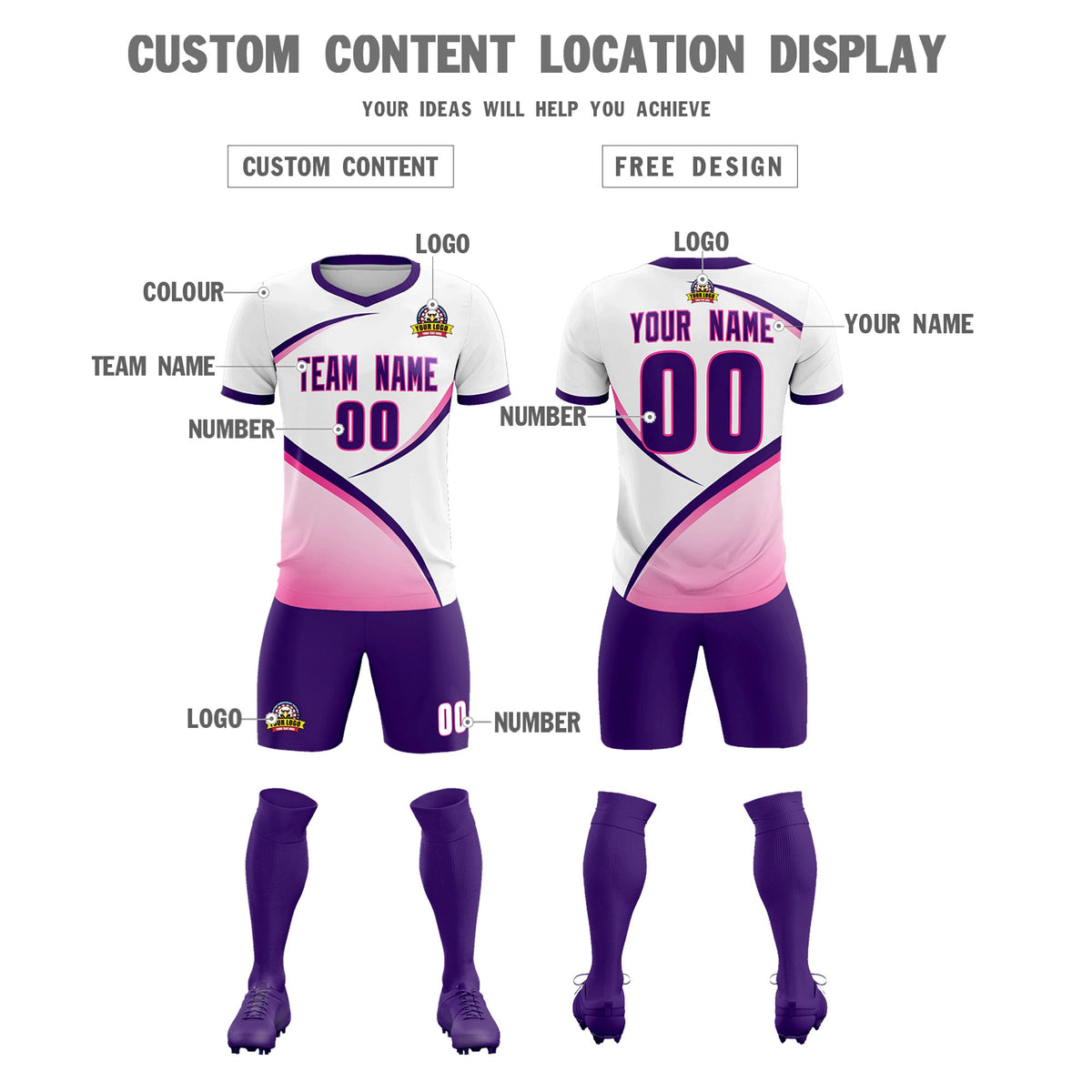 Custom White Purple Color Block Training Uniform For Men Soccer Sets Jersey