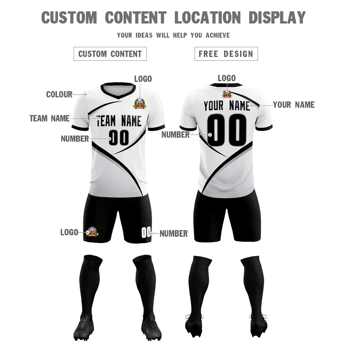 Custom White Black Color Block Training Uniform For Men Soccer Sets Jersey