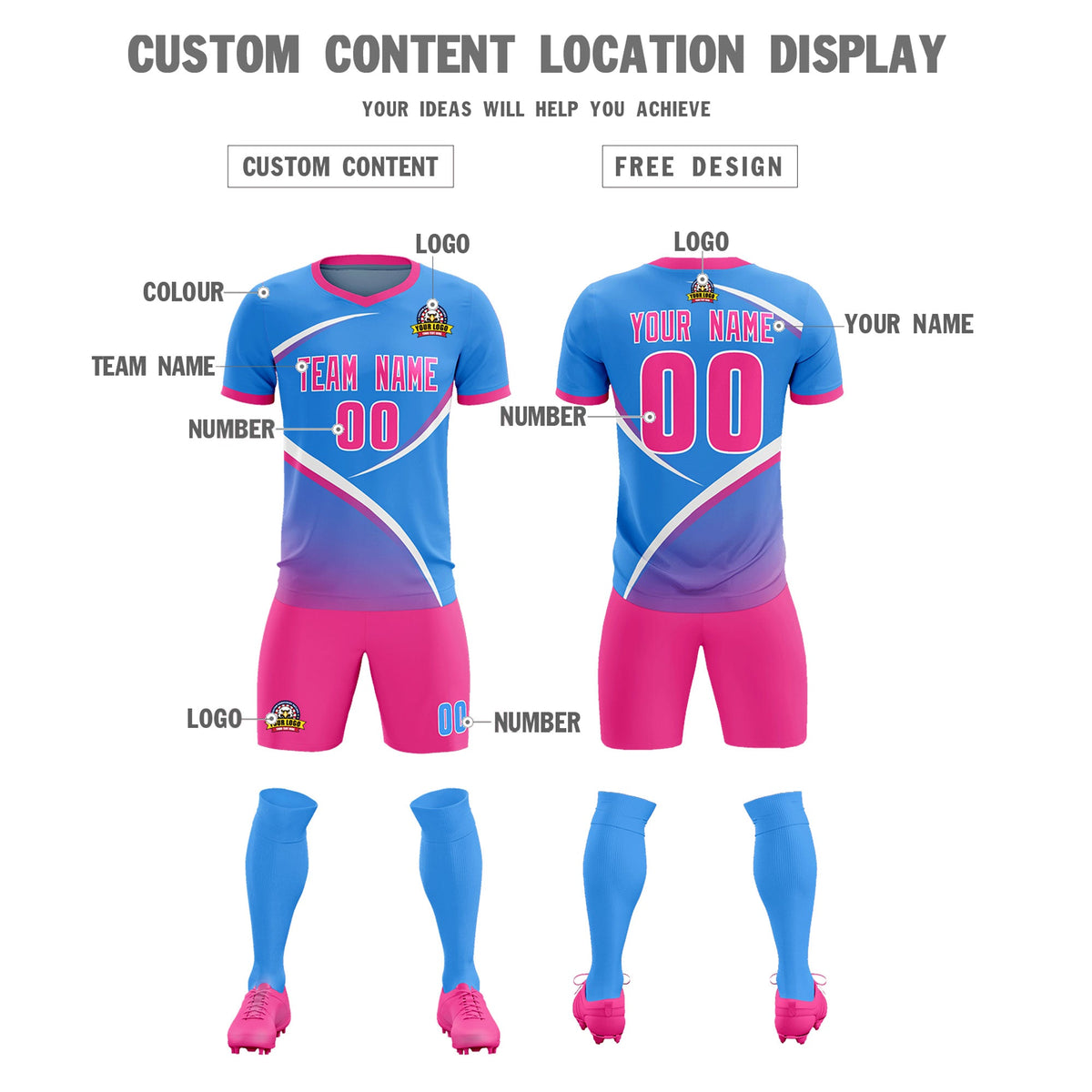 Custom Powder Blue Pink Color Block Training Uniform For Men Soccer Sets Jersey