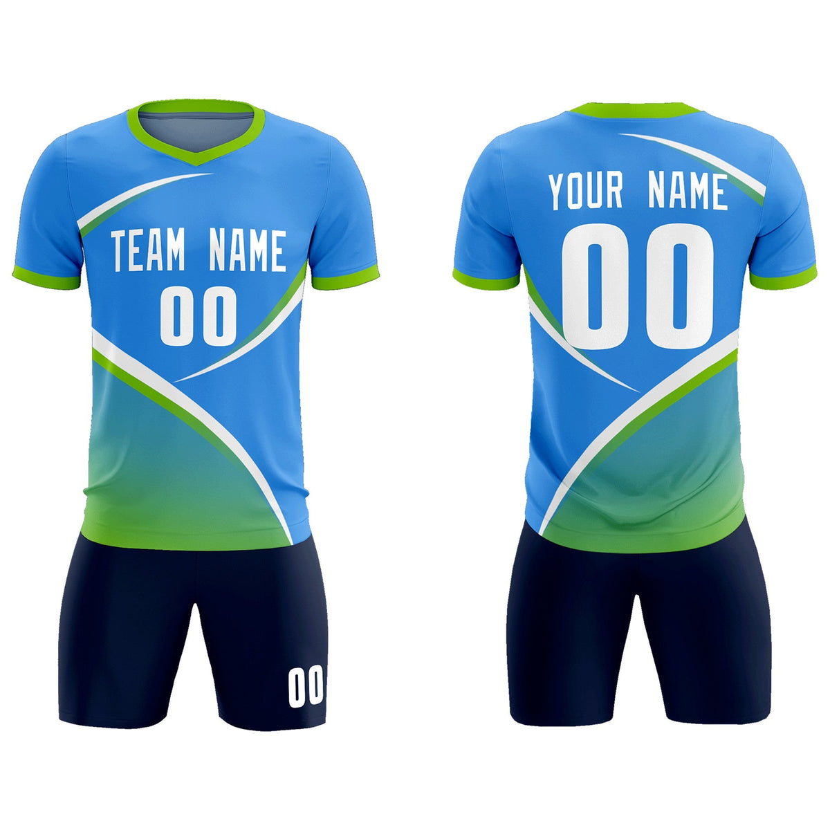 Custom Powder Blue Neon Green Color Block Training Uniform For Men Soccer Sets Jersey