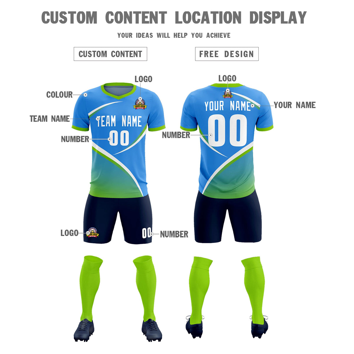 Custom Powder Blue Neon Green Color Block Training Uniform For Men Soccer Sets Jersey