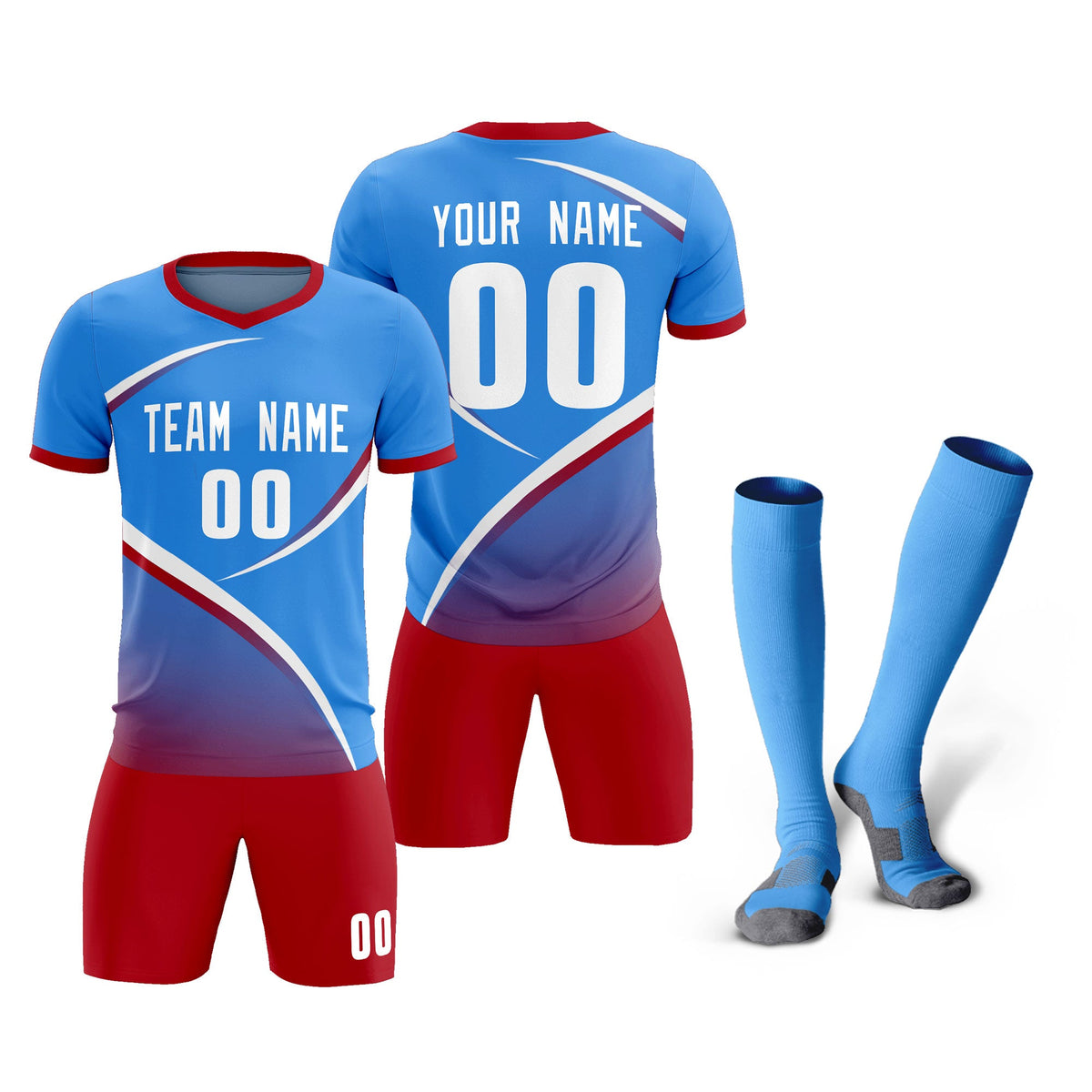 Custom Powder Blue Red Color Block Training Uniform For Men Soccer Sets Jersey