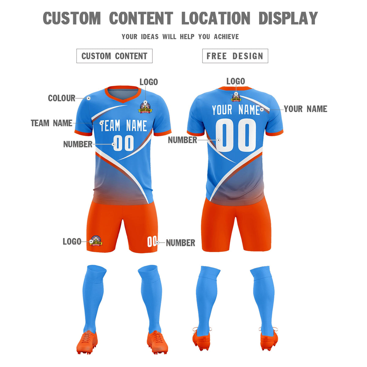 Custom Powder Blue Orange Color Block Training Uniform For Men Soccer Sets Jersey