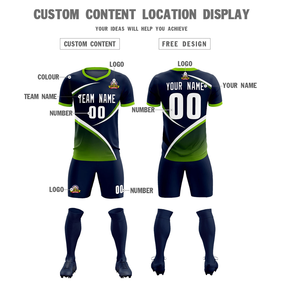 Custom Navy Neon Green Color Block Training Uniform For Men Soccer Sets Jersey