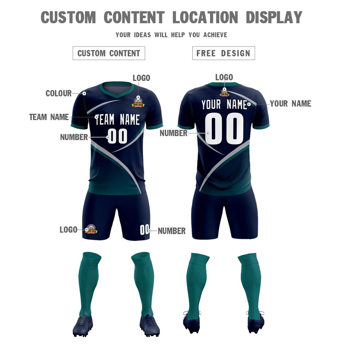 Custom Navy Aqua Color Block Training Uniform For Men Soccer Sets Jersey