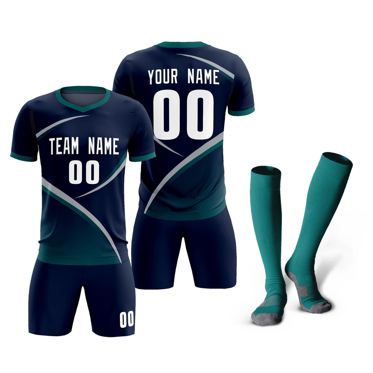Custom Navy Aqua Color Block Training Uniform For Men Soccer Sets Jersey