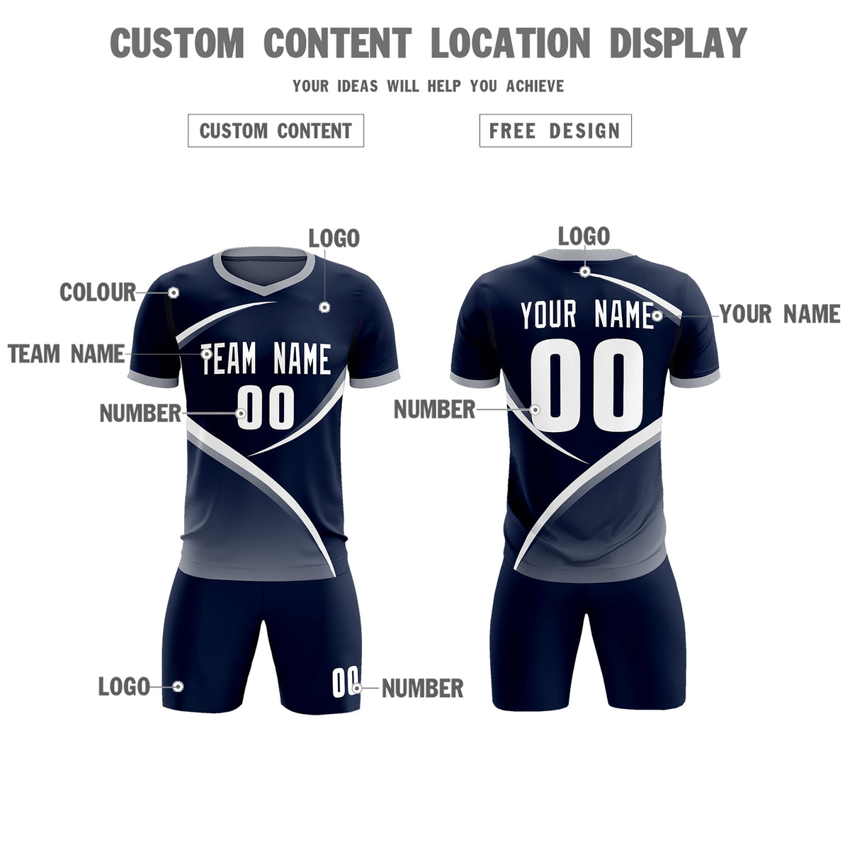 Custom Navy Gray Color Block Training Uniform For Men Soccer Sets Jersey