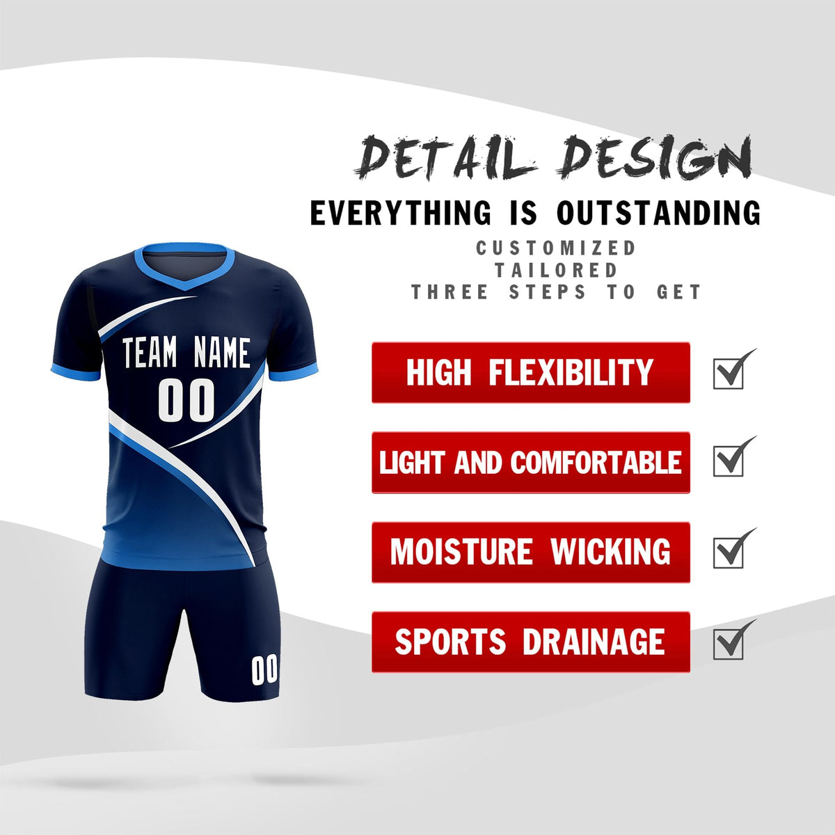 Custom Navy Powder Blue Color Block Training Uniform For Men Soccer Sets Jersey