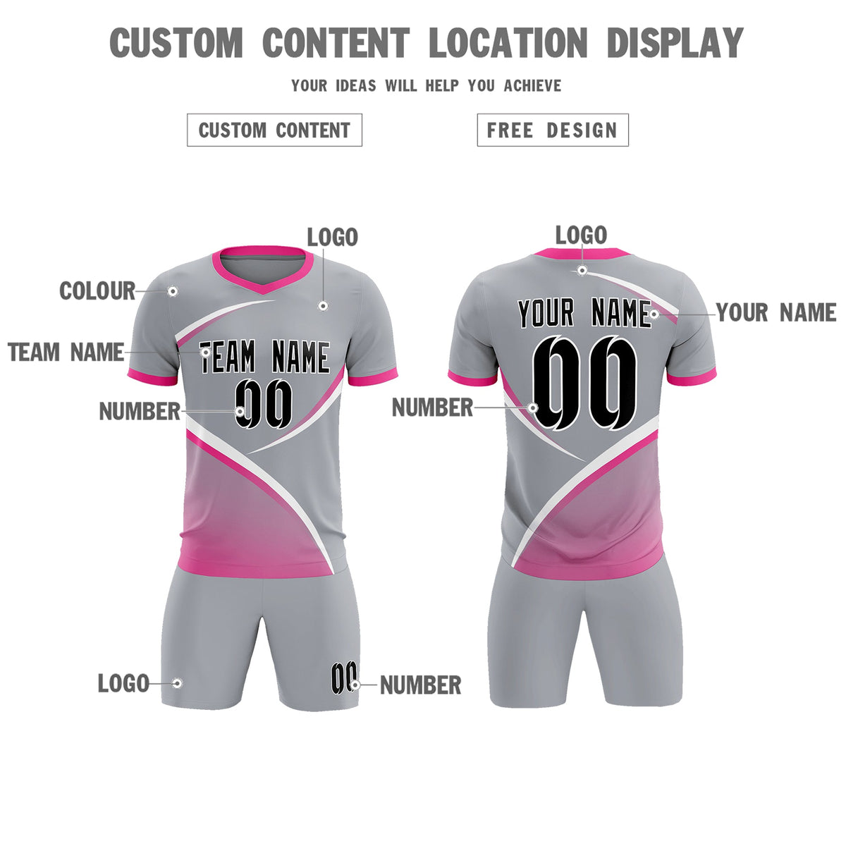 Custom Gray Pink Color Block Training Uniform For Men Soccer Sets Jersey