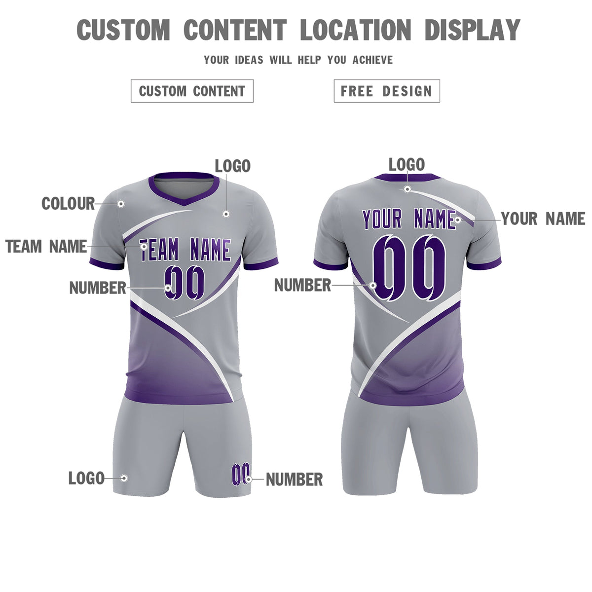 Custom Gray Purple Color Block Training Uniform For Men Soccer Sets Jersey