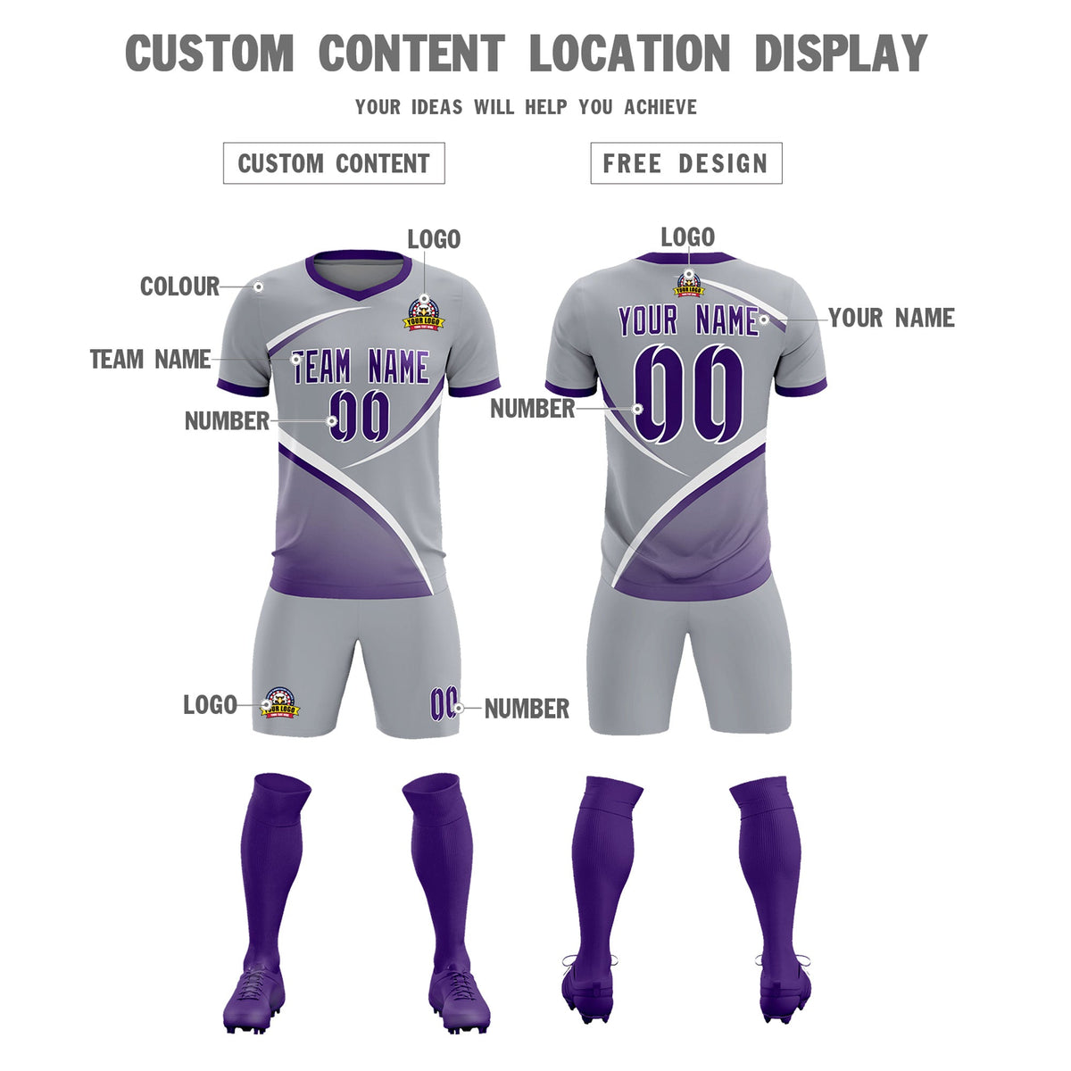 Custom Gray Purple Color Block Training Uniform For Men Soccer Sets Jersey