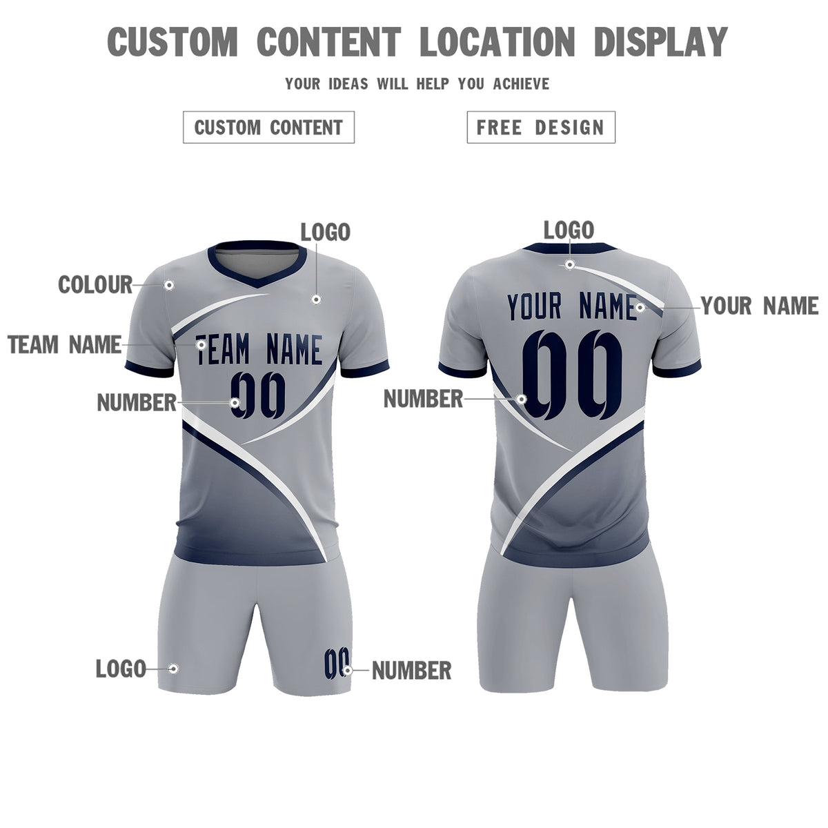 Custom Gray Navy Color Block Training Uniform For Men Soccer Sets Jersey