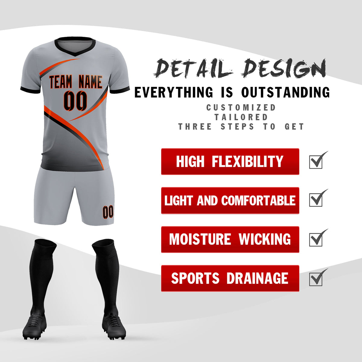 Custom Gray Black Color Block Training Uniform For Men Soccer Sets Jersey