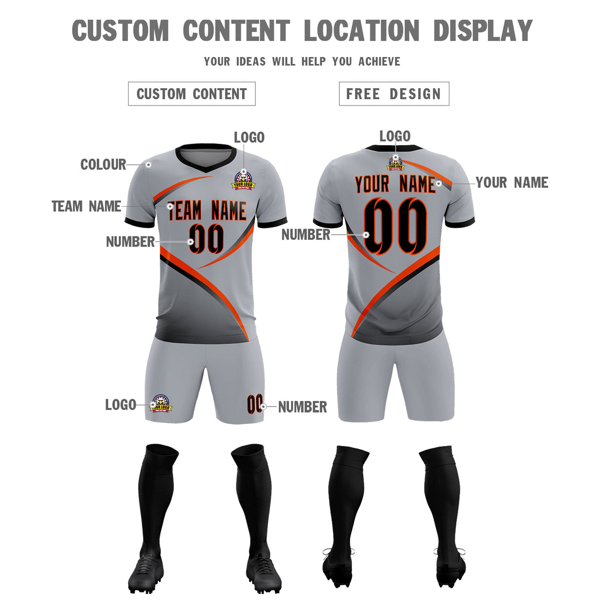Custom Gray Black Color Block Training Uniform For Men Soccer Sets Jersey