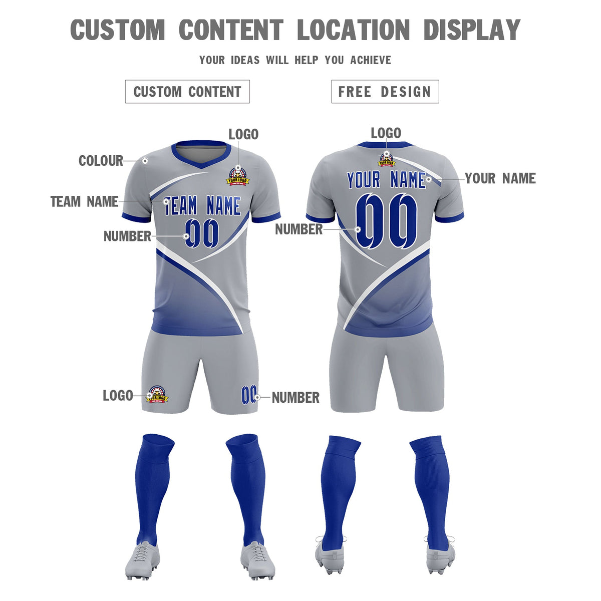 Custom Gray Royal Color Block Training Uniform For Men Soccer Sets Jersey