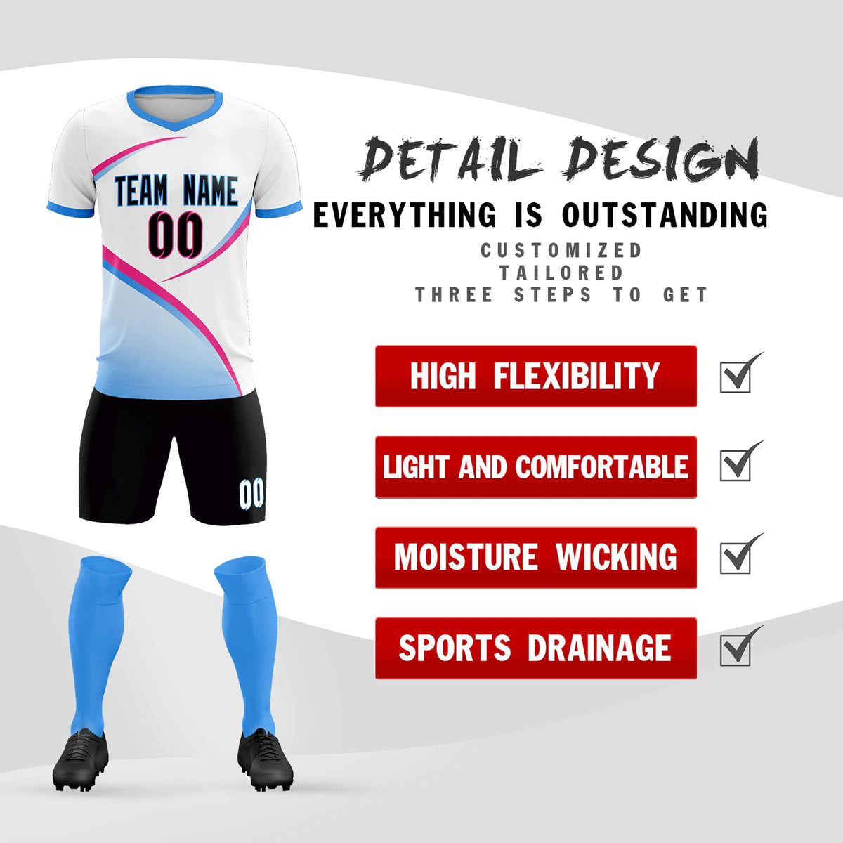 Custom White Powder Blue Color Block Training Uniform For Men Soccer Sets Jersey