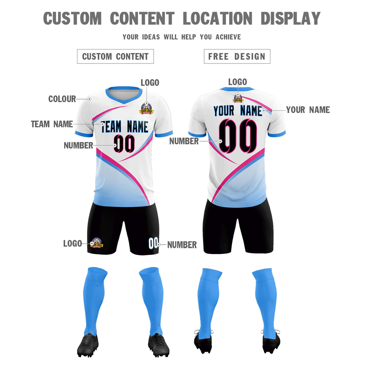 Custom White Powder Blue Color Block Training Uniform For Men Soccer Sets Jersey