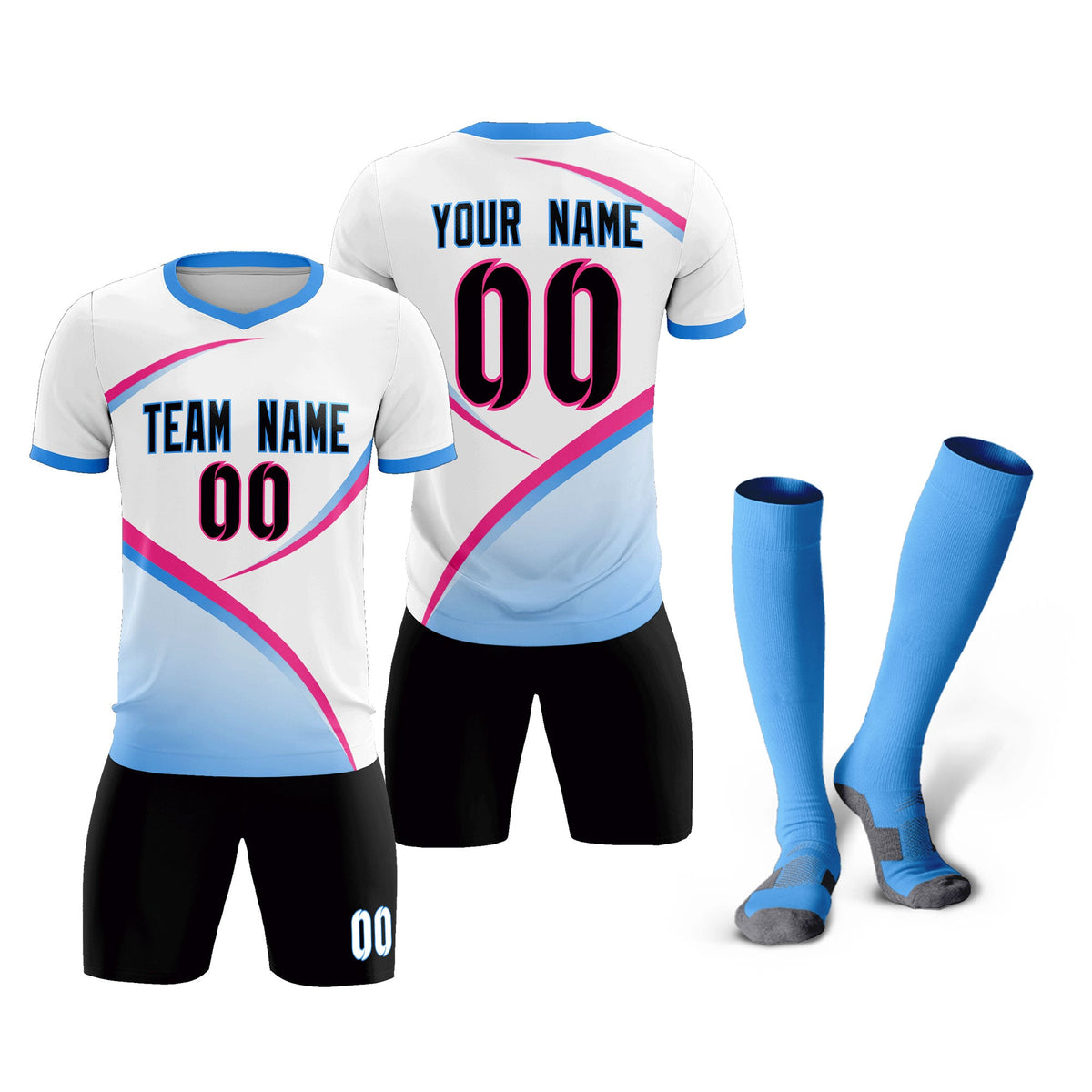 Custom White Powder Blue Color Block Training Uniform For Men Soccer Sets Jersey