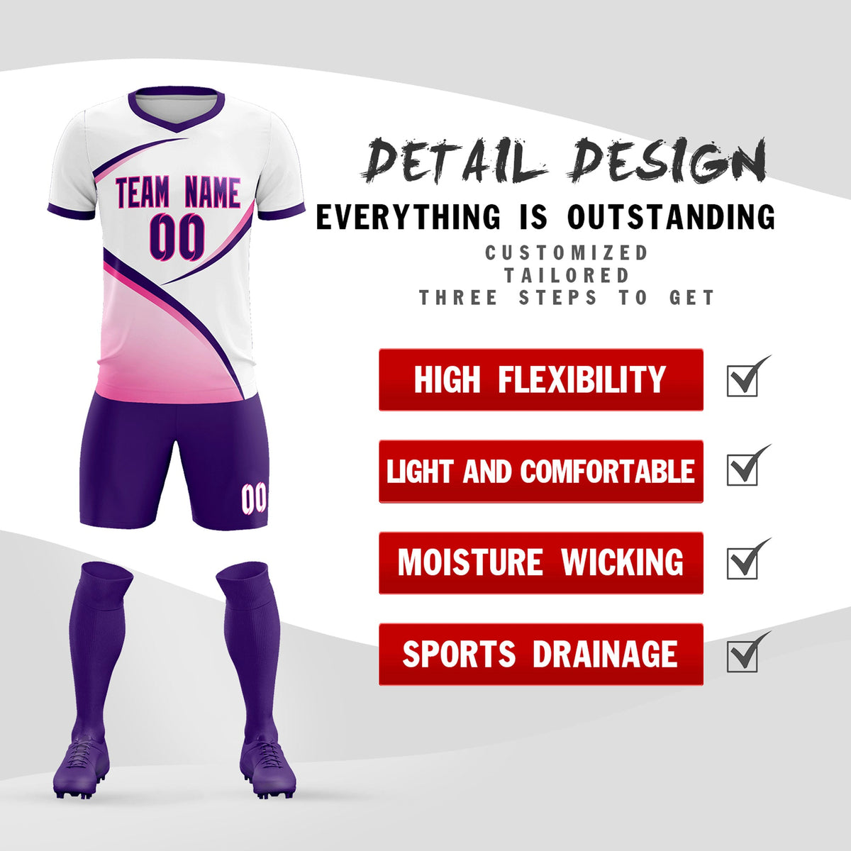 Custom White Purple Color Block Training Uniform For Men Soccer Sets Jersey