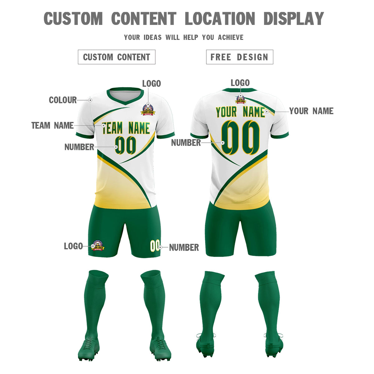 Custom White Kelly Green Color Block Training Uniform For Men Soccer Sets Jersey