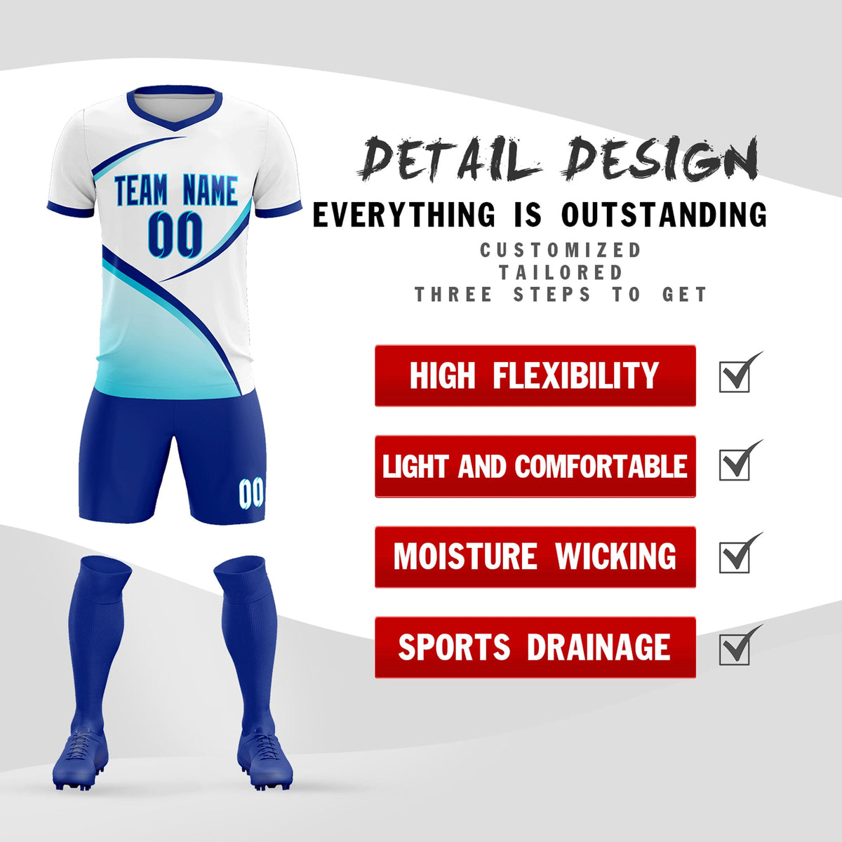 Custom White Sky Blue Color Block Training Uniform For Men Soccer Sets Jersey