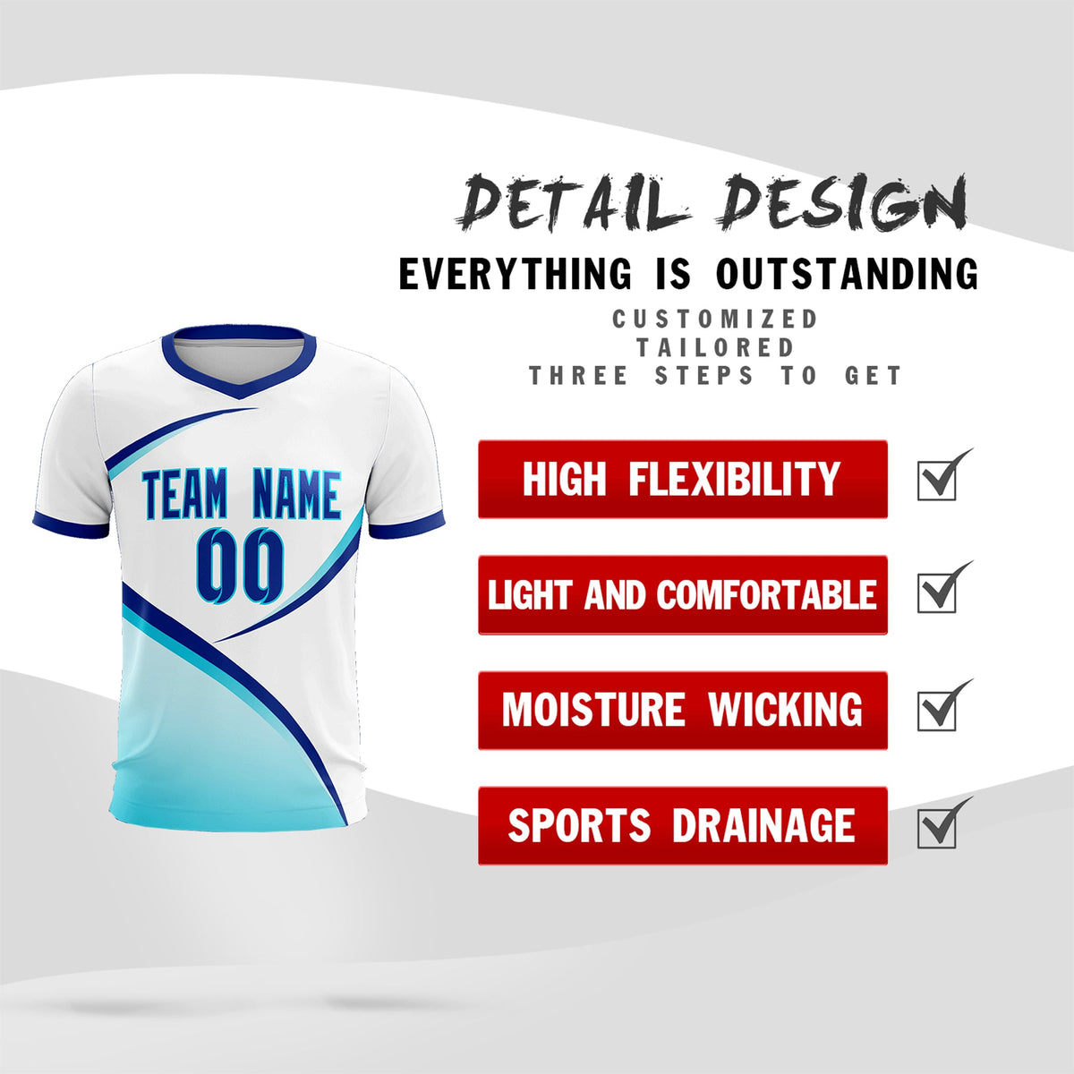 Custom White Sky Blue Color Block Training Uniform For Men Soccer Sets Jersey