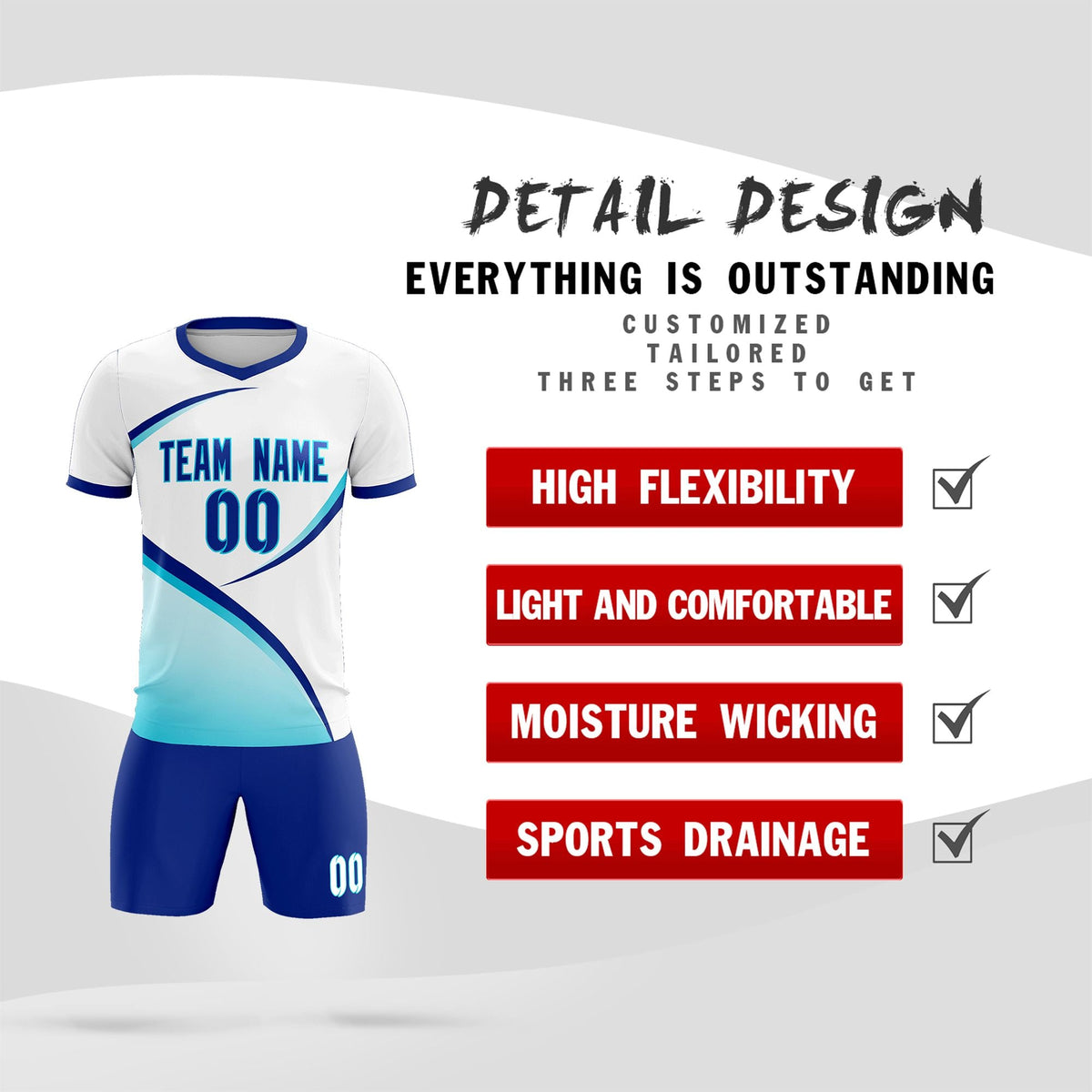 Custom White Sky Blue Color Block Training Uniform For Men Soccer Sets Jersey