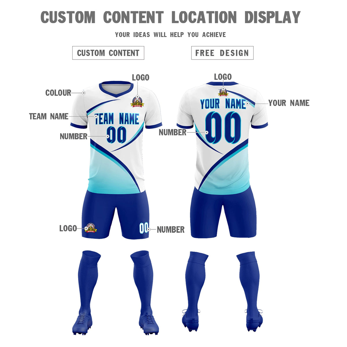 Custom White Sky Blue Color Block Training Uniform For Men Soccer Sets Jersey