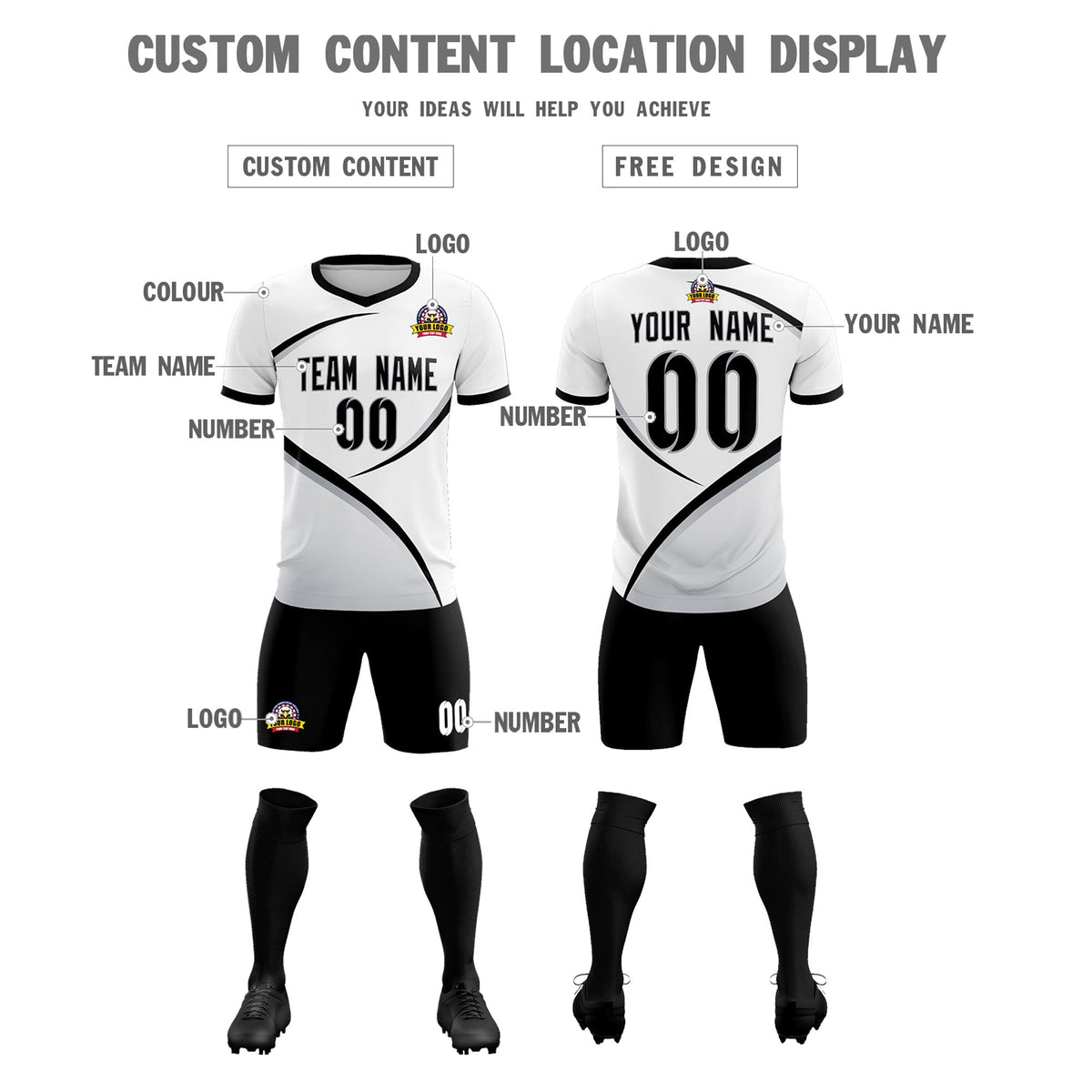 Custom White Black Color Block Training Uniform For Men Soccer Sets Jersey