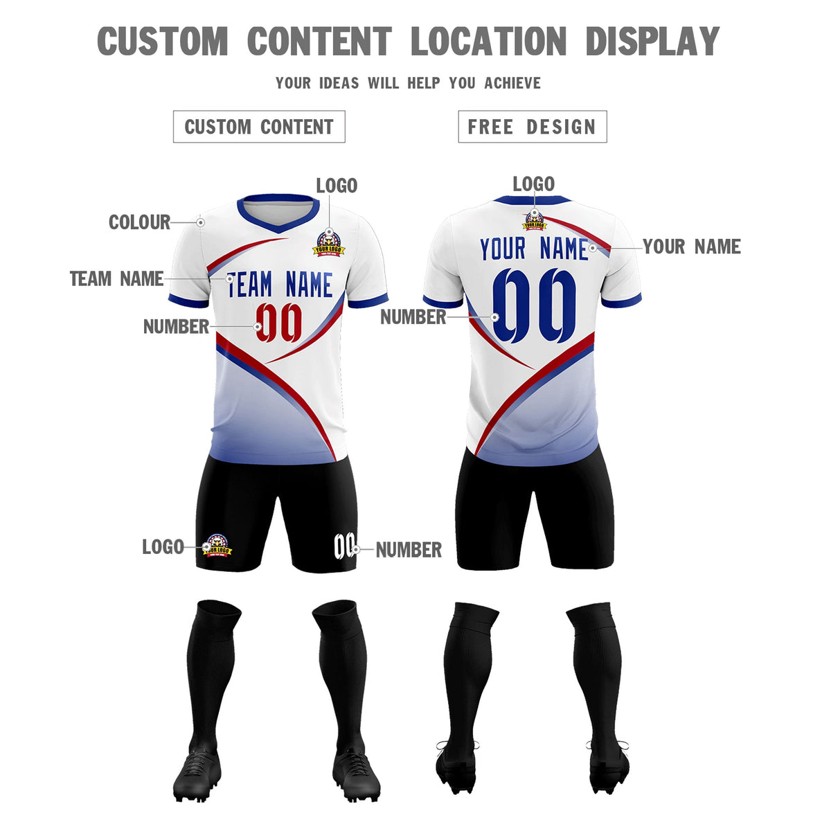 Custom White Royal Color Block Training Uniform For Men Soccer Sets Jersey
