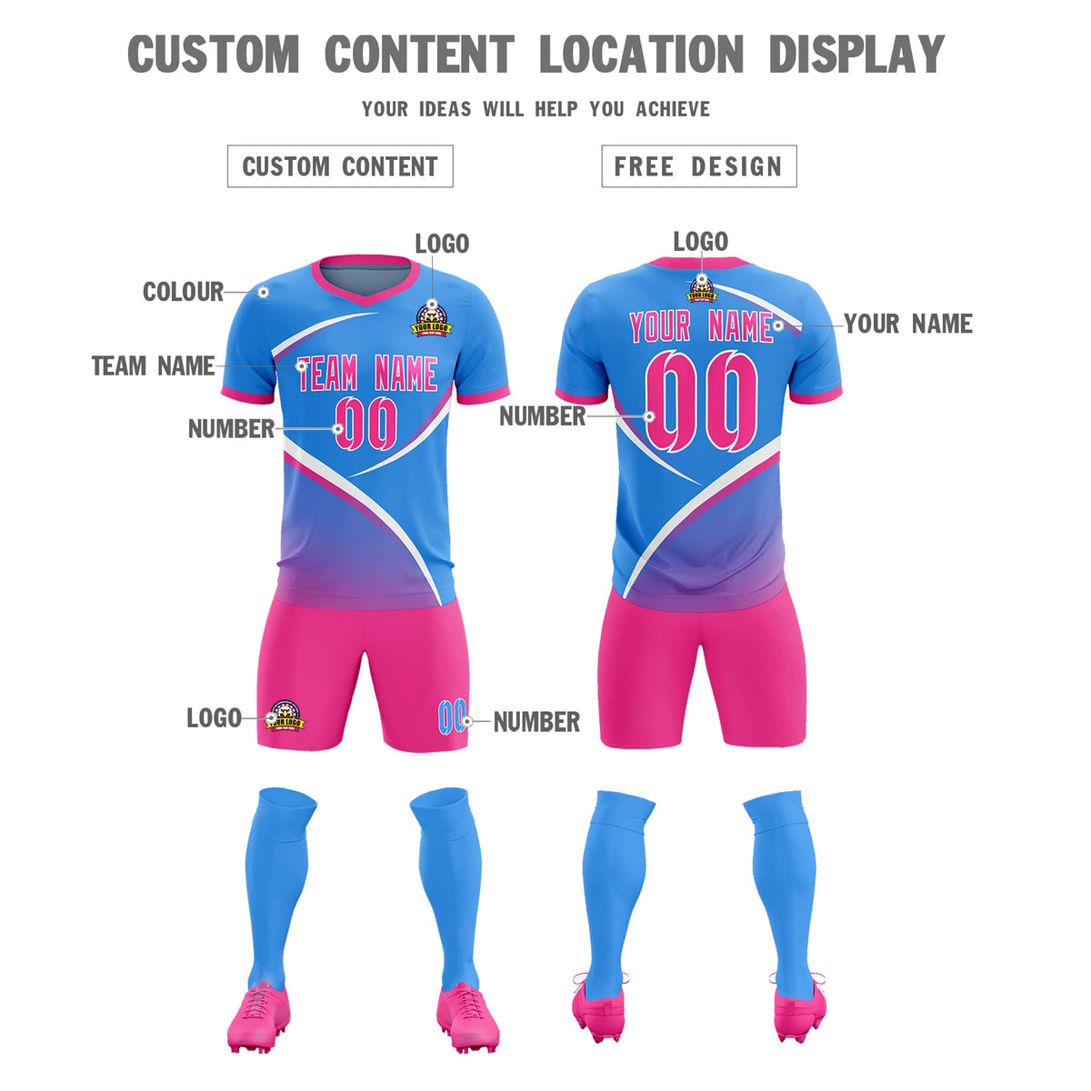 Custom Powder Blue Pink Color Block Training Uniform For Men Soccer Sets Jersey