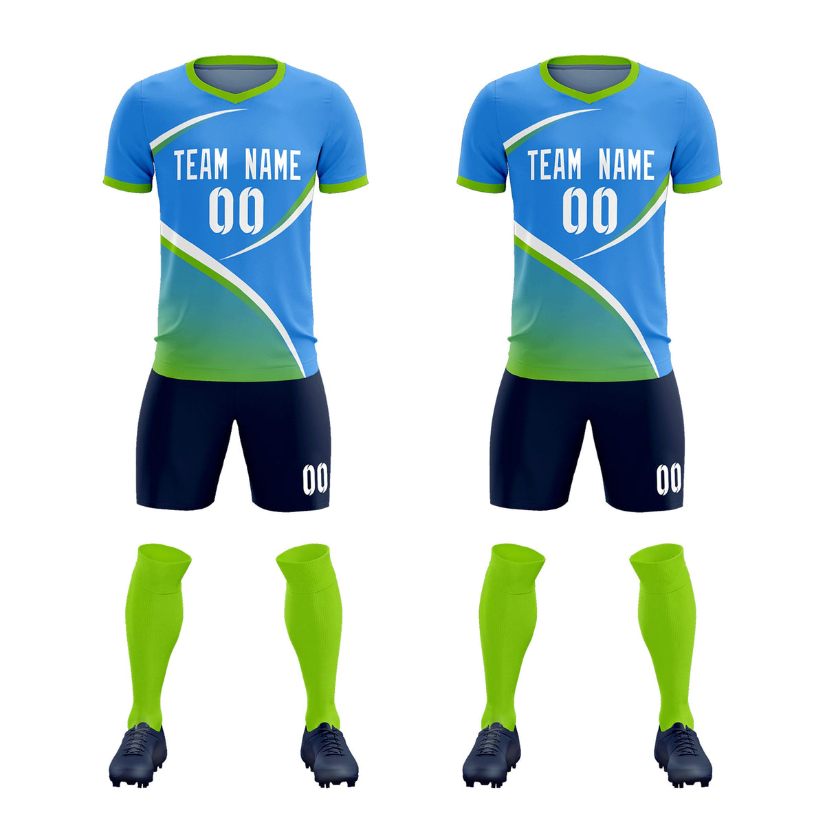 Custom Powder Blue Neon Green Color Block Training Uniform For Men Soccer Sets Jersey