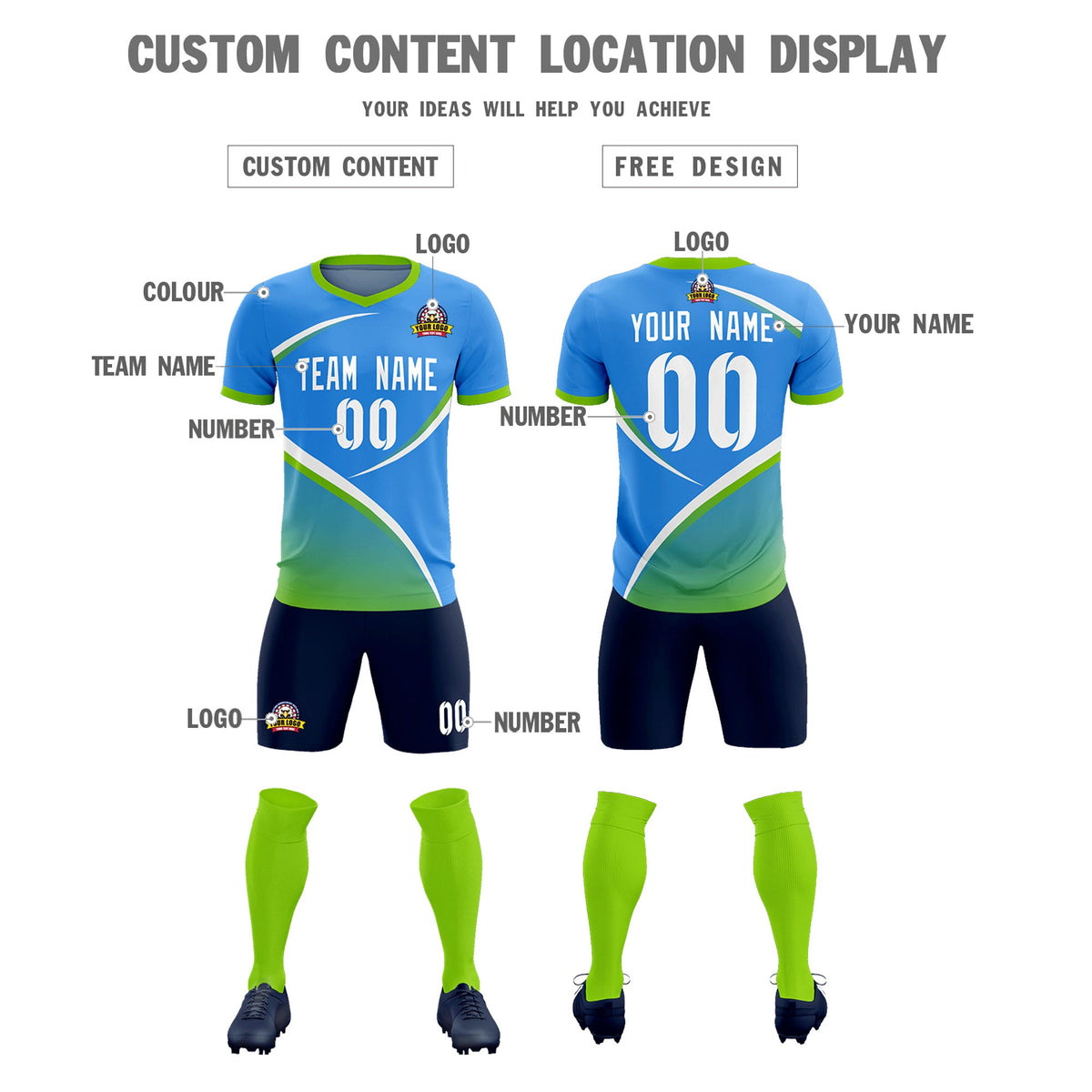 Custom Powder Blue Neon Green Color Block Training Uniform For Men Soccer Sets Jersey