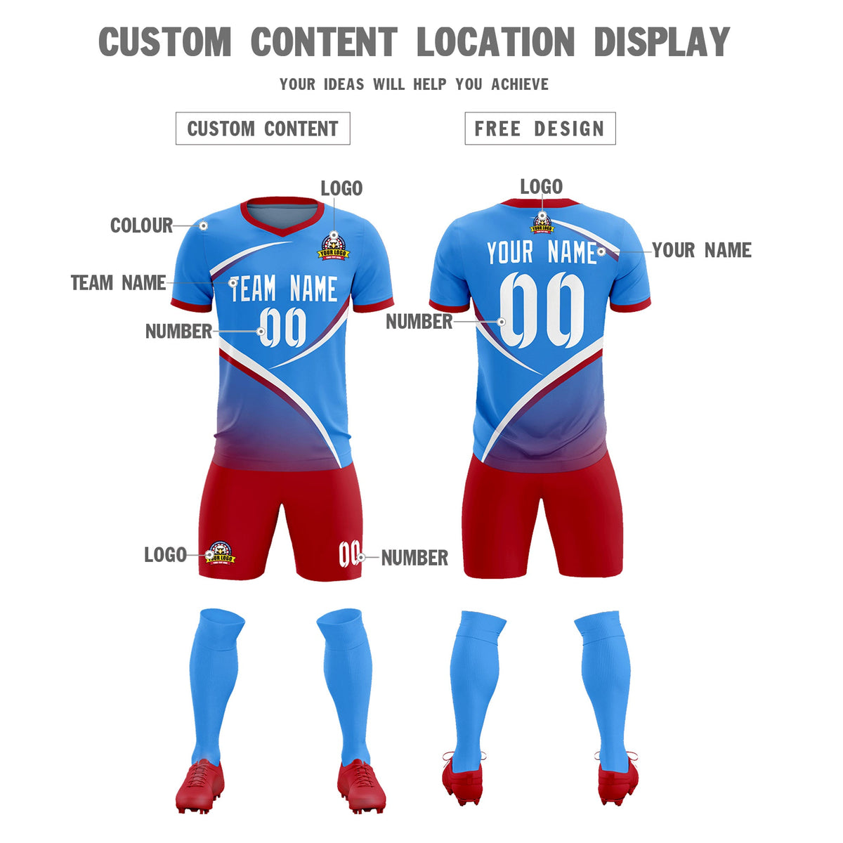 Custom Powder Blue Red Color Block Training Uniform For Men Soccer Sets Jersey