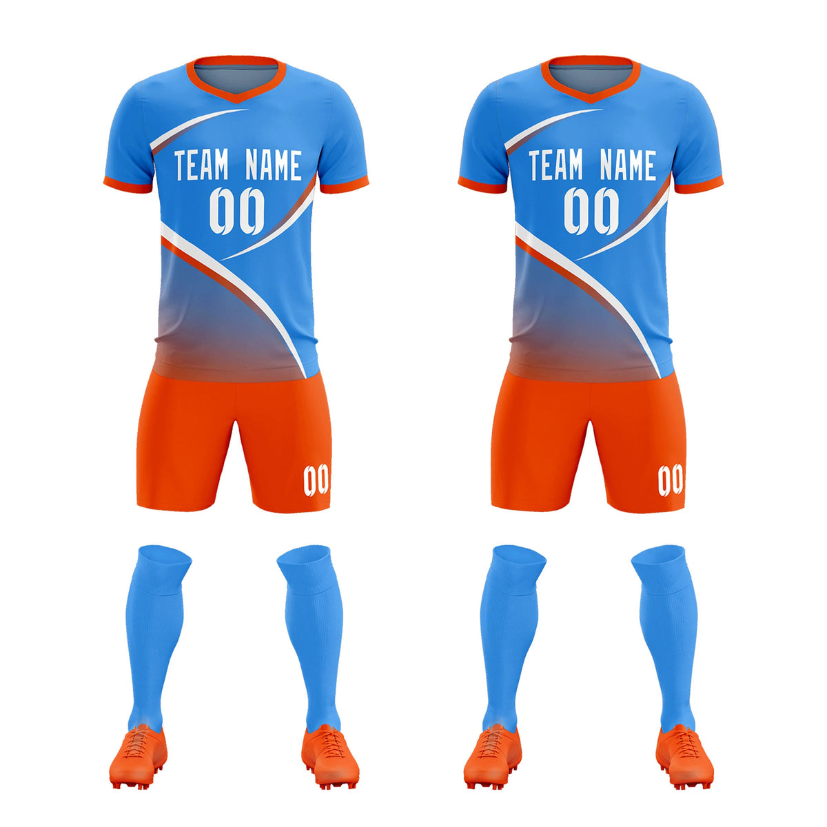 Custom Powder Blue Orange Color Block Training Uniform For Men Soccer Sets Jersey