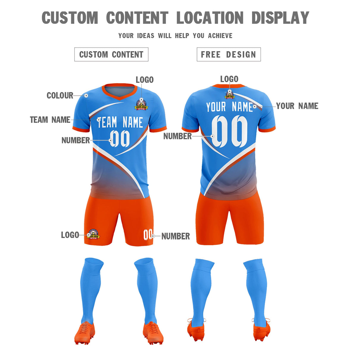 Custom Powder Blue Orange Color Block Training Uniform For Men Soccer Sets Jersey