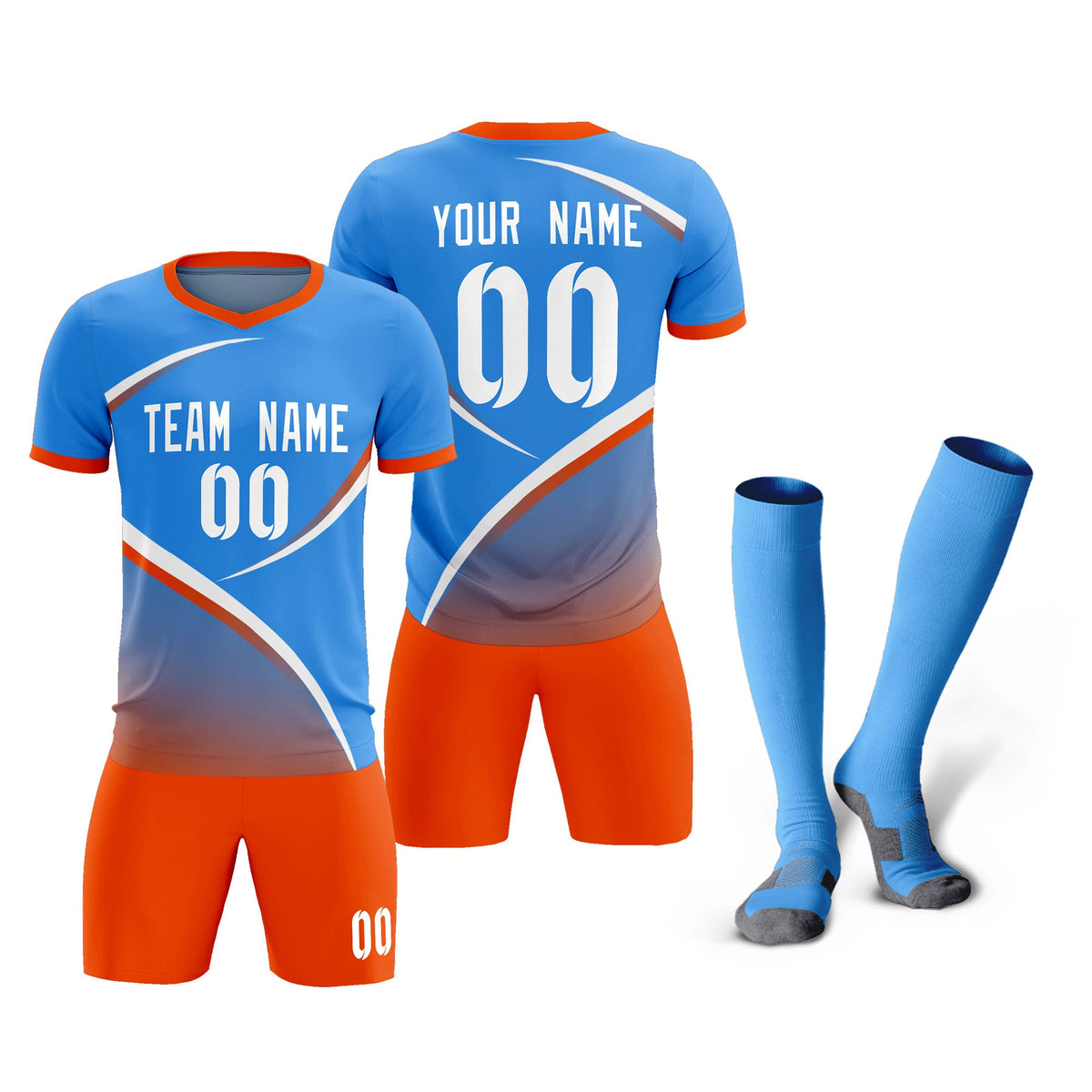 Custom Powder Blue Orange Color Block Training Uniform For Men Soccer Sets Jersey