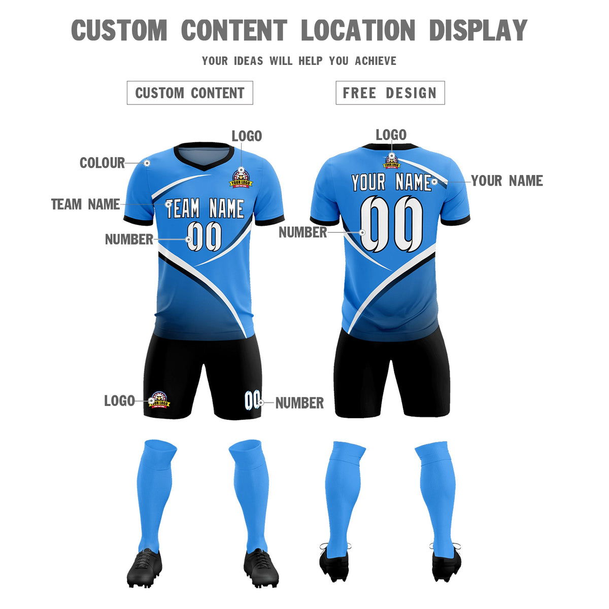 Custom Powder Blue Navy Color Block Training Uniform For Men Soccer Sets Jersey