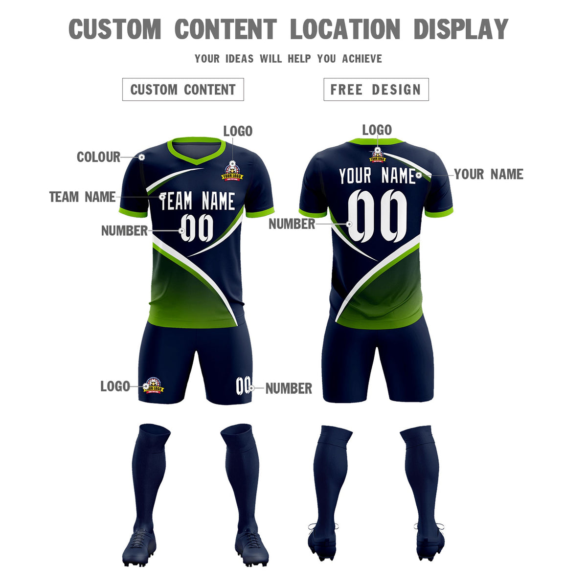 Custom Navy Neon Green Color Block Training Uniform For Men Soccer Sets Jersey