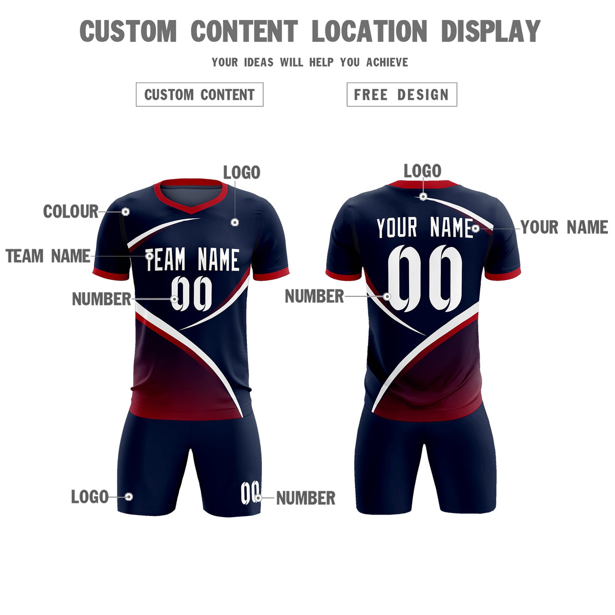 Custom Navy Red Color Block Training Uniform For Men Soccer Sets Jersey