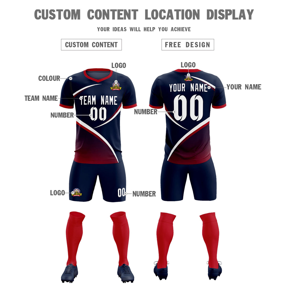 Custom Navy Red Color Block Training Uniform For Men Soccer Sets Jersey