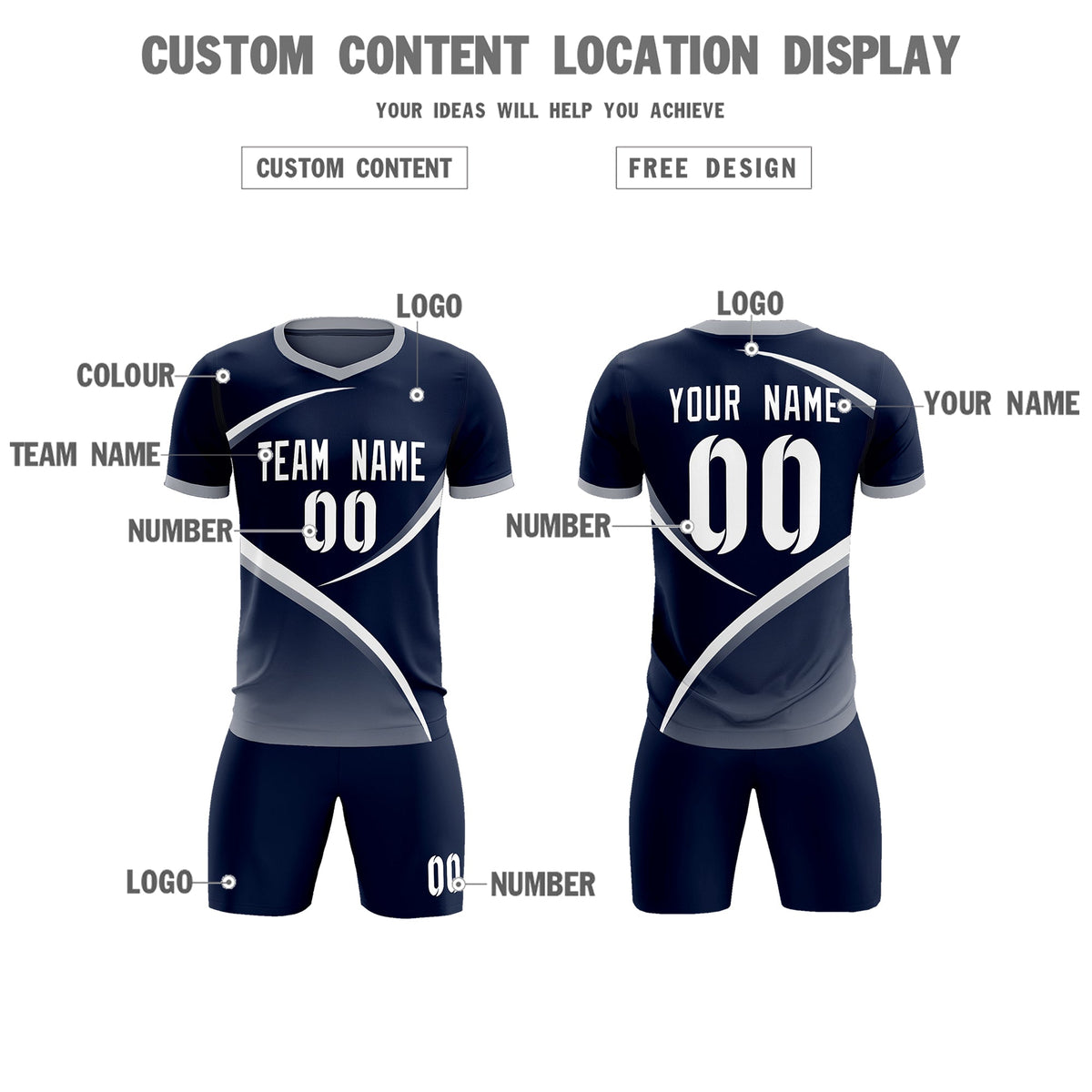 Custom Navy Gray Color Block Training Uniform For Men Soccer Sets Jersey
